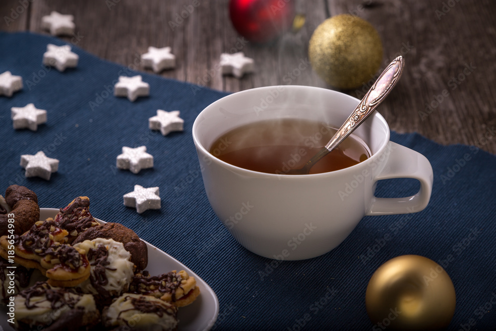 christmas tea, wooden and fabric background,horizontal christmas tea, wooden and fabric background,horizontal
