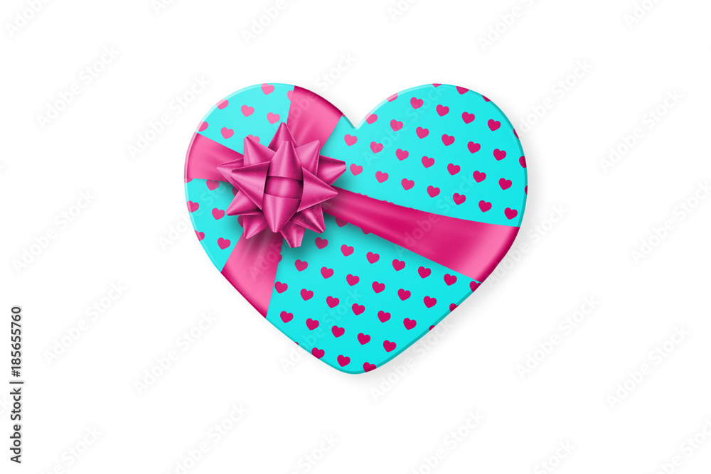 Turquoise gift box in the shape of a heart with a festive pink bow isolated on white background. Romance, Valentine's Day, love.