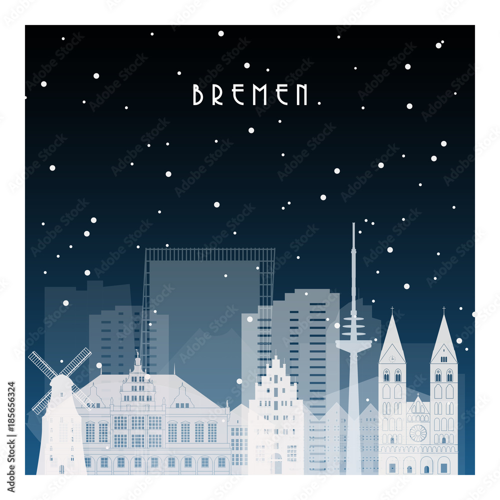 Winter night in Bremen. Night city in flat style for banner, poster, illustration, background.
