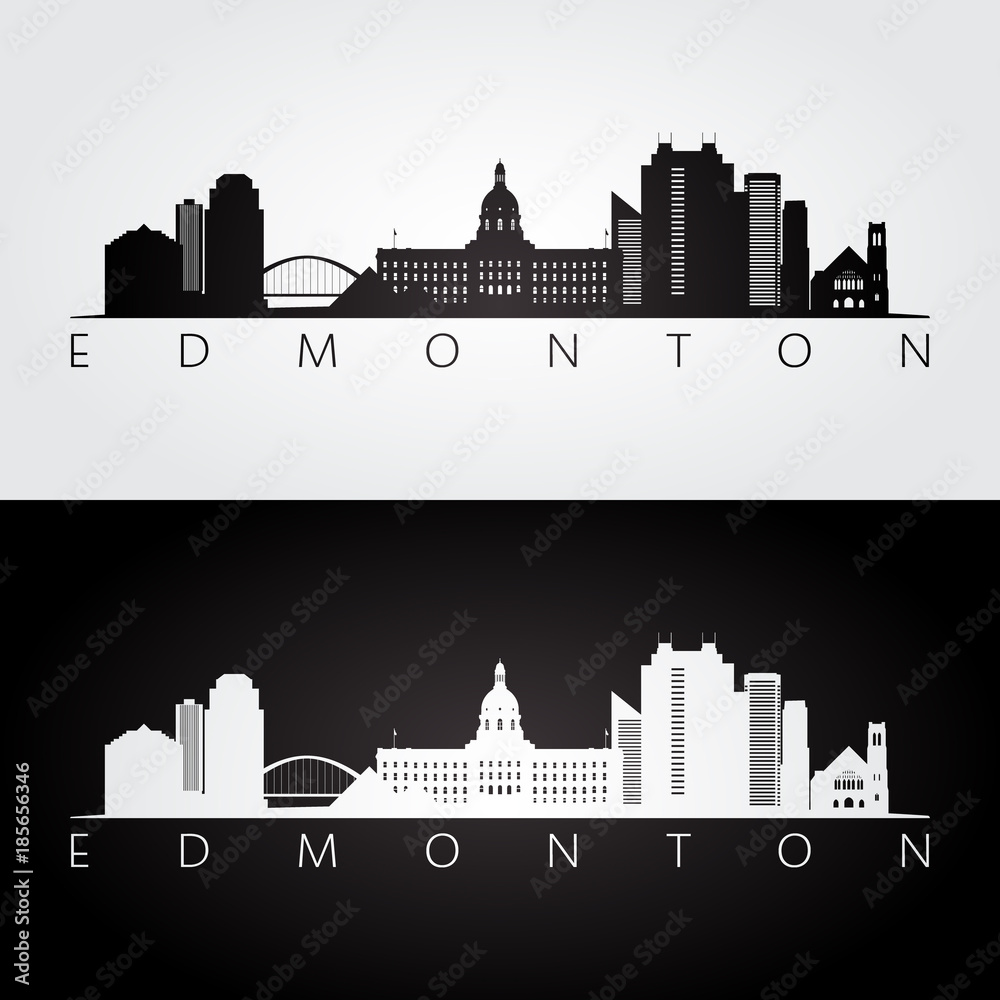 Fototapeta premium Edmonton skyline and landmarks silhouette, black and white design, vector illustration.