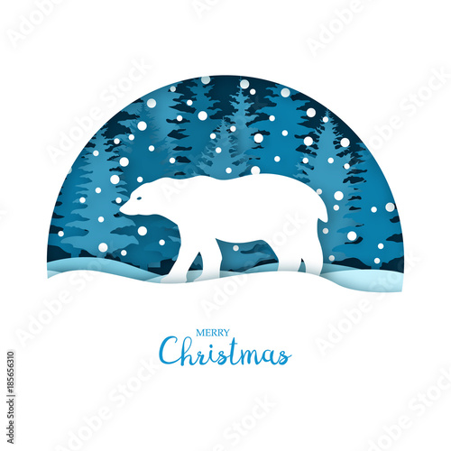 Merry Christmas card. White bear in the snow forest. Greeting card template in paper cut craft style. Origami concept. Vector illustration.