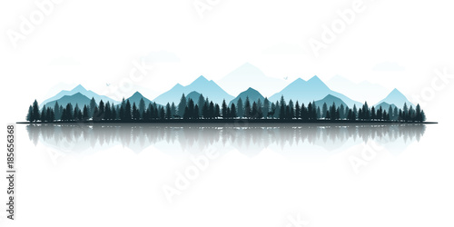 Landscape with silhouettes of deer, fox, eagles, mountains and forests. Panoramic view with reflection. Vector illustration.