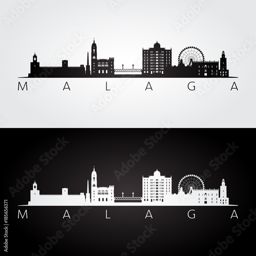 Malaga skyline and landmarks silhouette, black and white design, vector illustration.
