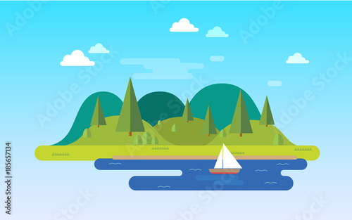 Summer landscape illustration with hills and clouds