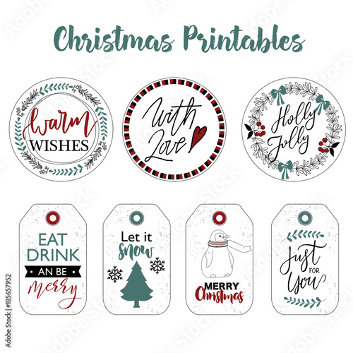 Christmas labels and stickers design with winter elements. Printable templates for gift tags.