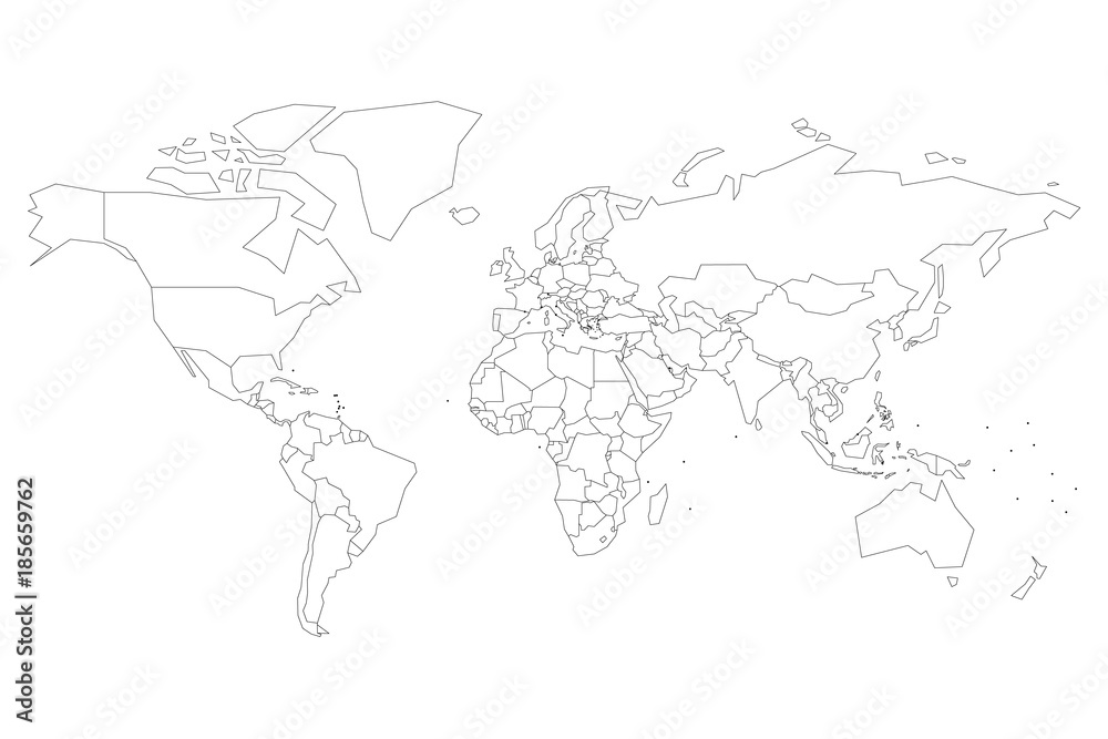 Political map of World with dots instead of small states. Blank map for school quiz. Simplified black thin outline on white background.