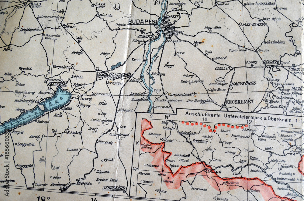 Obraz premium German vintage map of Central Europe circa 1944 fragment.Europe under occupation.History of European integration. 
