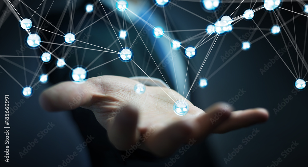 Businesman using flying network balls connection 3D rendering Businesman using flying network balls connection 3D rendering