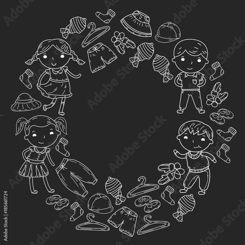 Set of Children clothing. Vector icons. Kindergarten. Nursery. Atelier. School clothing. Summer clothing. Kids store