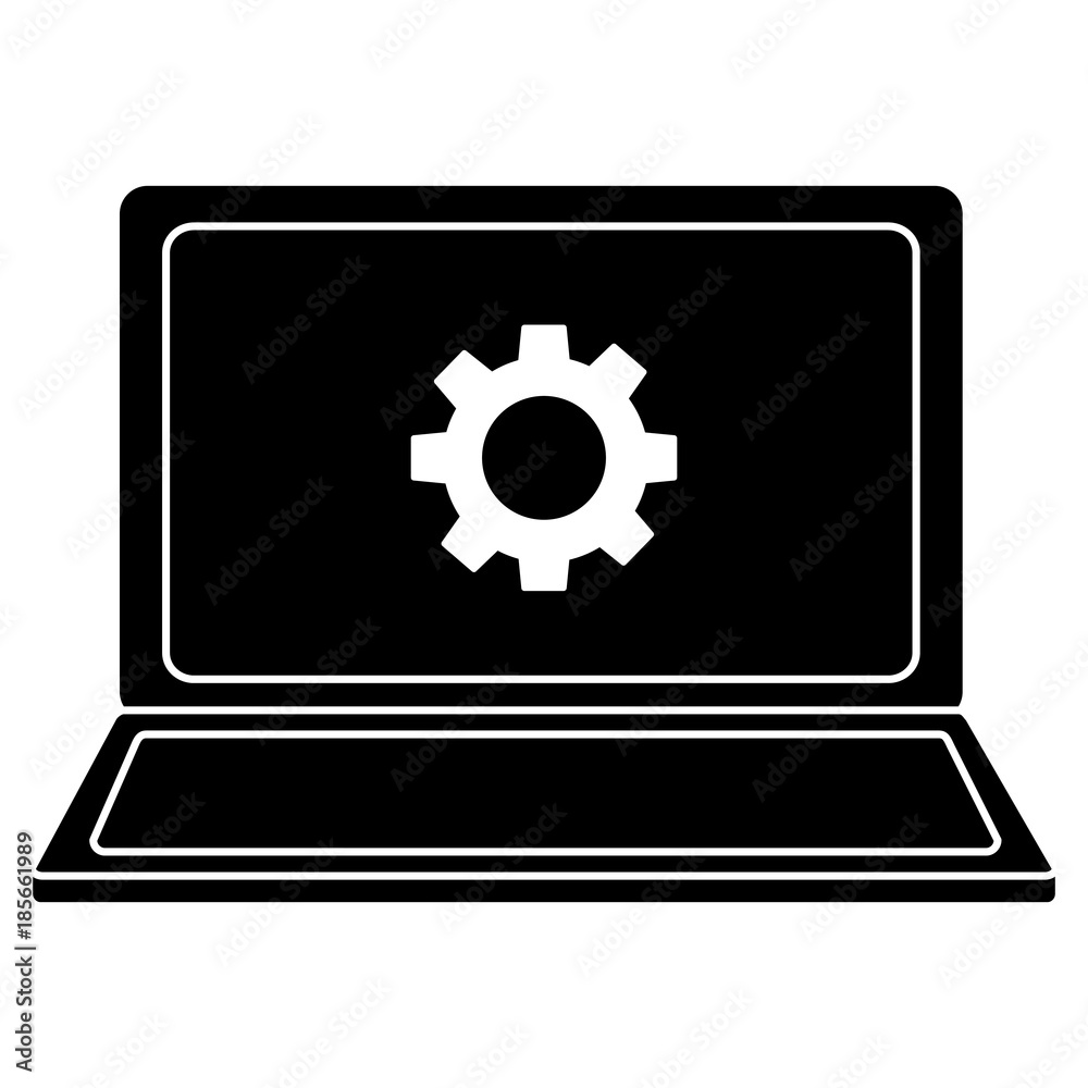 open laptop device with setting on screen pictogram image open laptop device with setting on screen pictogram image
