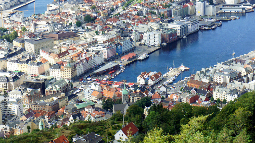 Cityscape, aerial view of the centre of Bergen city, beautiful landscape, sunny day, Hordaland county, Norway