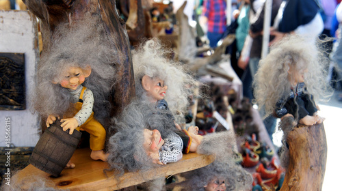 Funny cute trolls, Norwegian souvenirs, fairy tale scandinavian figures, Bergen market, Norway