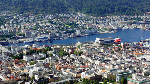 Top view of the centre of Bergen city  beautiful landscape  sunny day  Hordaland county  Norway