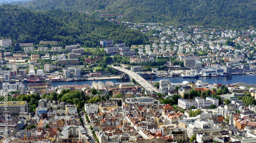 Top view of buildings of Bergen city, beautiful landscape, sunny day, Hordaland county, Norway