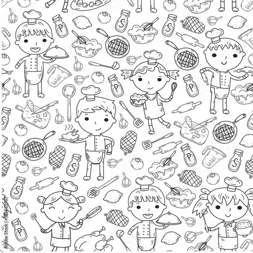 Cute Kids Chef on white background Children cooking Kitchen children Cooking lesson Coloring page