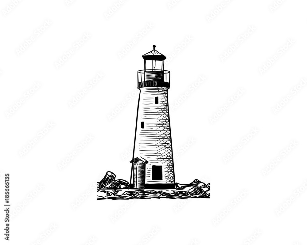 Black Lighthouse on the Beach Illustration Hand Drawing Logo Vector