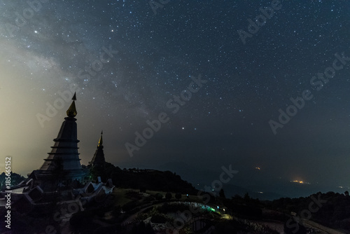 milky way over Phramahathat Napamathanidol and Phramahathat Napaphol Bhumisiri Pagoda at Doi Inthanon National Park  Chiangmai  Thailand.