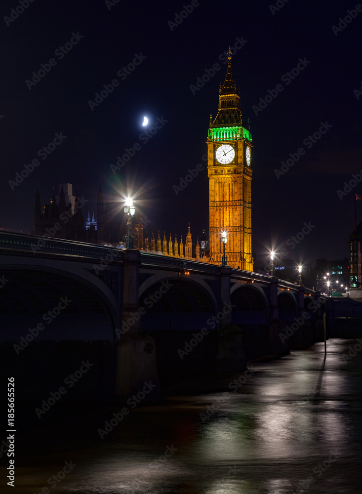 London cityscape with Westminster Bridge and Elizabeth Tower or Big Ben at night