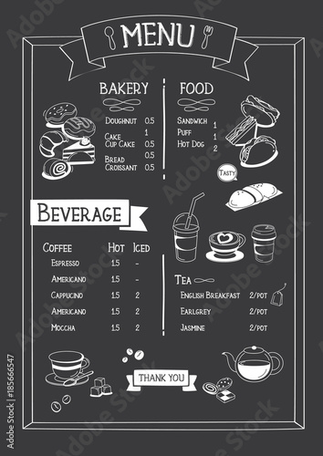 Blackboard Cafe menu with bakery, food and beverage.