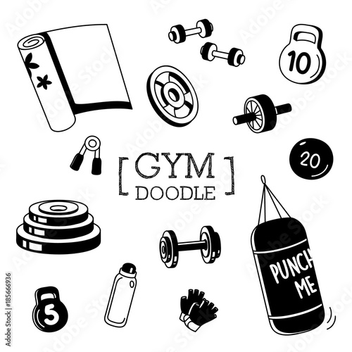 Gym's stuffs Doodle.Hand drawing of Gym stuff.