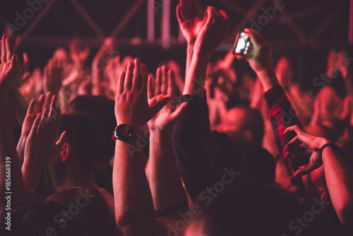 applause and raised hands at concert. Nightclub life