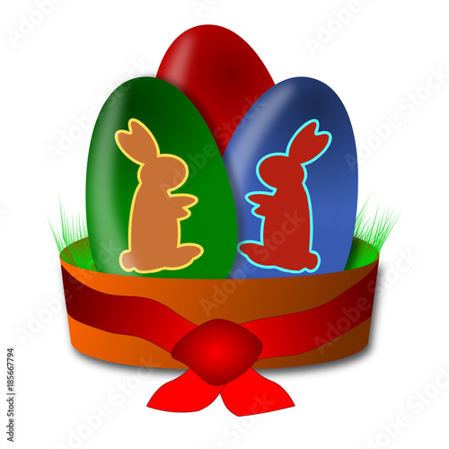 Three colorful easter eggs with bannies silhouette in brown bowl with red bow