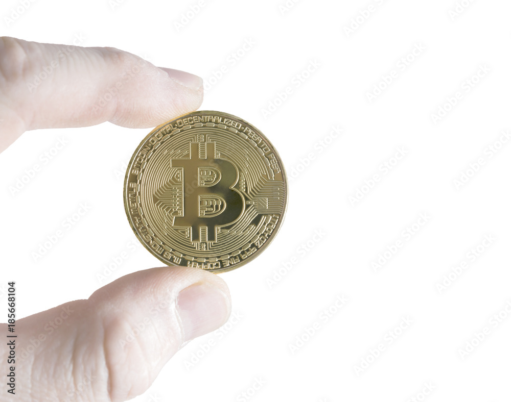 coin bitcoin in hand on white background. close-up. Electronic currency, Internet finance coin bitcoin in hand on white background. close-up. Electronic currency, Internet finance