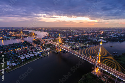 Sunset Scene at Bhumibol Bridge in Bangkok © sirfujiyama