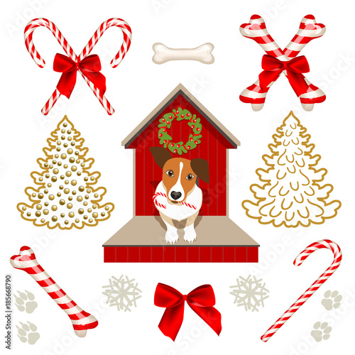 Christmas elements set with puppy and candy canes. Vector illustration isolated on white background