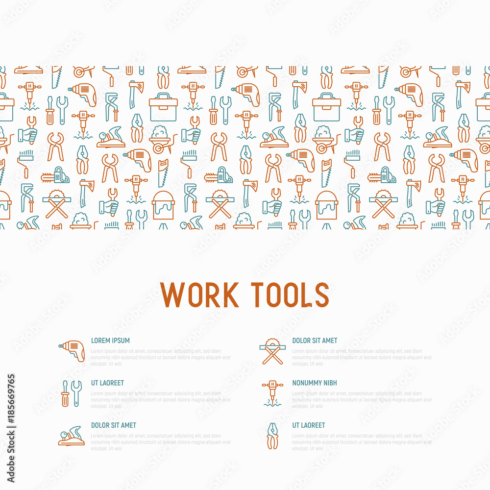 Fototapeta Work tools concept with thin line icons: puncher, drill, wrench, plane, toolbox, wheelbarrow, saw, pliers, sawing machine. Modern vector illustration of building equipment for web page or print media.