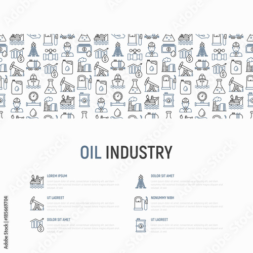 Oil industry concept with thin line icons: gas, petroleum, diesel,  truck, tanker, ship, refinery, barrel. Modern vector illustration, web page template.