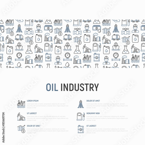 Oil industry concept with thin line icons: gas, petroleum, diesel, truck, tanker, ship, refinery, barrel. Modern vector illustration, web page template.