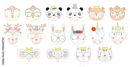Big set of hand drawn cute funny portraits of cat, bear, panda, bunny, deer, unicorn, owl, elephant in different glasses. Isolated objects on white background. Vector illustration. Design concept kids