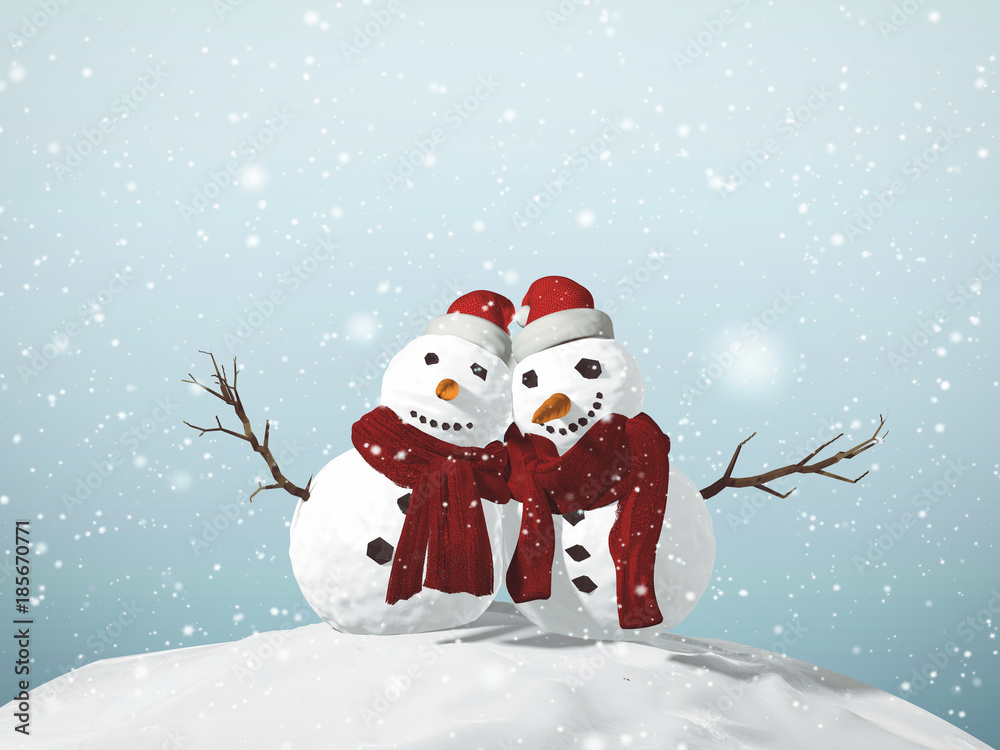 3D illustration of Snowman Christmas concept with present boxes and ornaments in a snowy day.