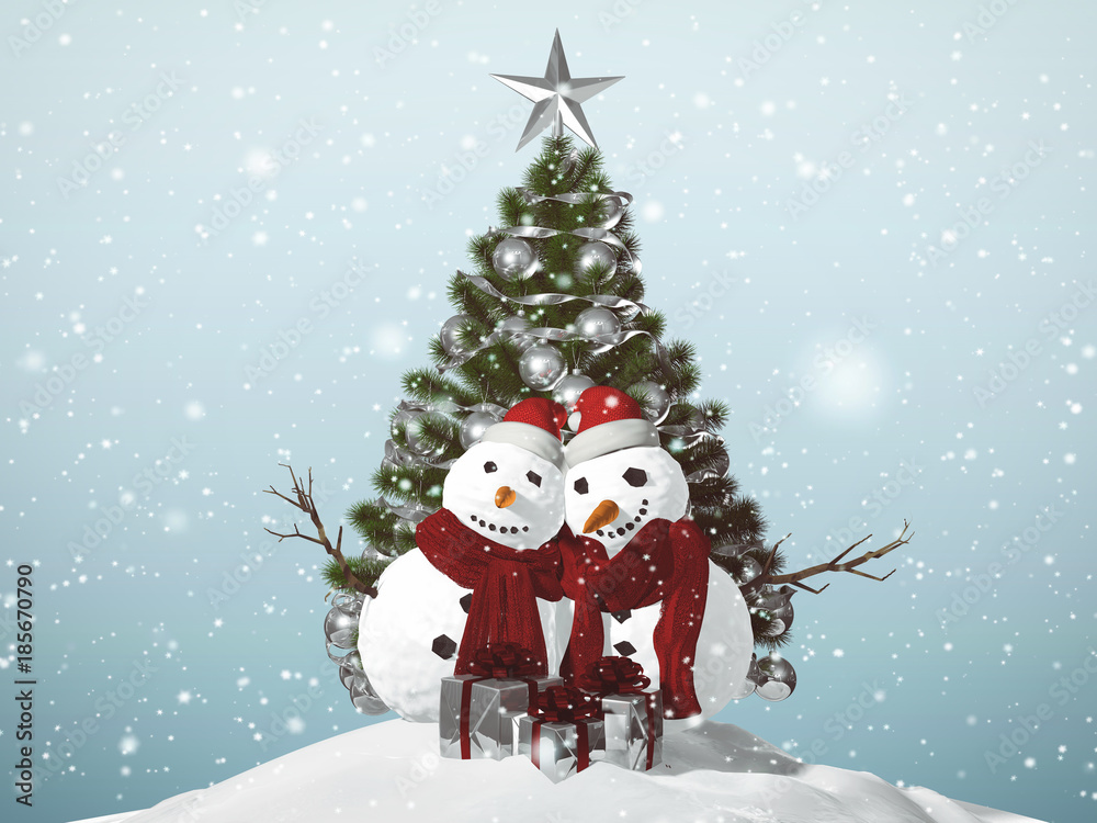 3D illustration of Snowman Christmas concept with present boxes and ornaments in a snowy day.