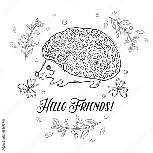 Vector children's postcard with hedgehog for coloring outline