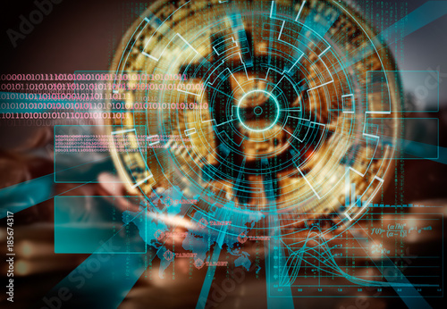 Bitcoin background with futuristic hud as synonym of global cryp