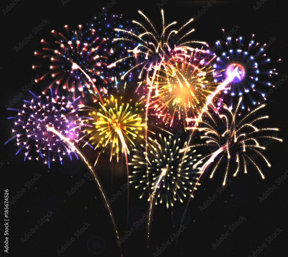 Fototapeta premium Vector Glowing background with fireworks. Abstract Shining Party Background. Flash Light for Christmas Design and New year's illustration.