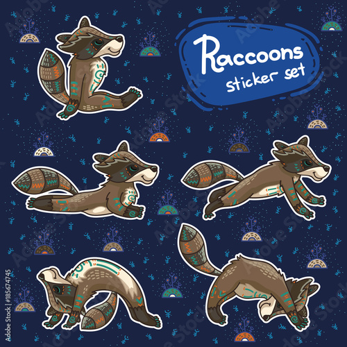 Sickers with hand drawn tribal racoon doing yoga position.