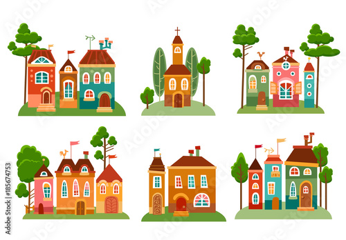 Collection of cute cartoon houses in child style.
