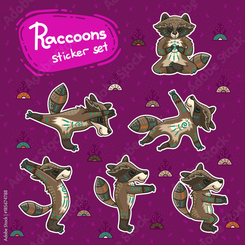Sickers with hand drawn tribal racoon doing yoga position.