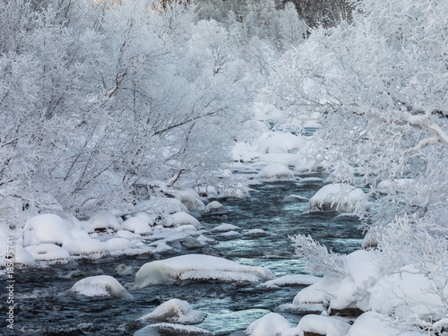 A streaming winter creek, snow and ice, river surrounded with snow covered trees