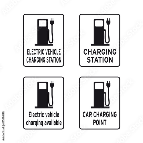 Electric car auto vehicle charging power station sign set