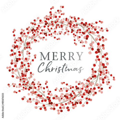 Red berry wreath with season greeting Merry Christmas. Vector illustration on the white background. Winter holiday.
