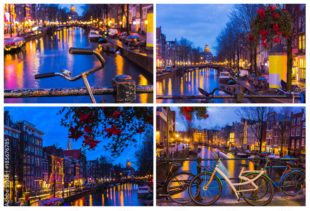 Night illumination of Amsterdam canal and bridge with typical dutch houses, boats and bicycles.