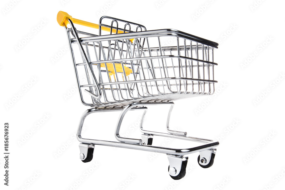 Empty metal shopping basket on wheels with yellow handle isolated on white background, consumer basket, food cart, front and side view wide-angle. Empty metal shopping basket on wheels with yellow handle isolated on white background, consumer basket, food cart, front and side view wide-angle.