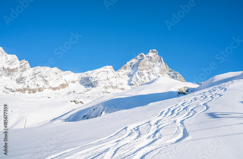 View of Italian Alps and Matterhorn Peak in Cervinio ski resort in the winter, Italy