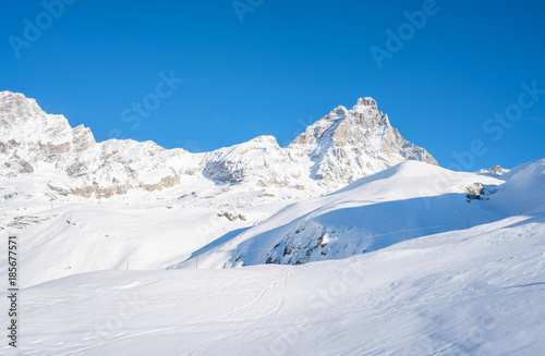 View of Italian Alps and Matterhorn Peak in Cervinio ski resort in the winter, Italy