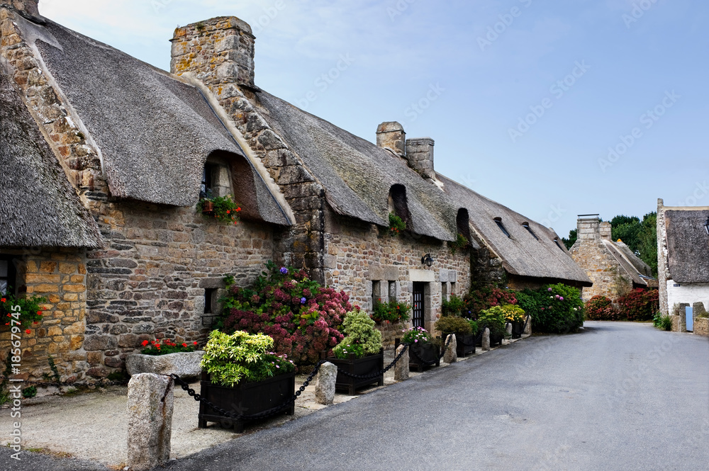 Thatched roof house in the Village of Kerascoet (Kérascoët), Brittany (Bretagne), France