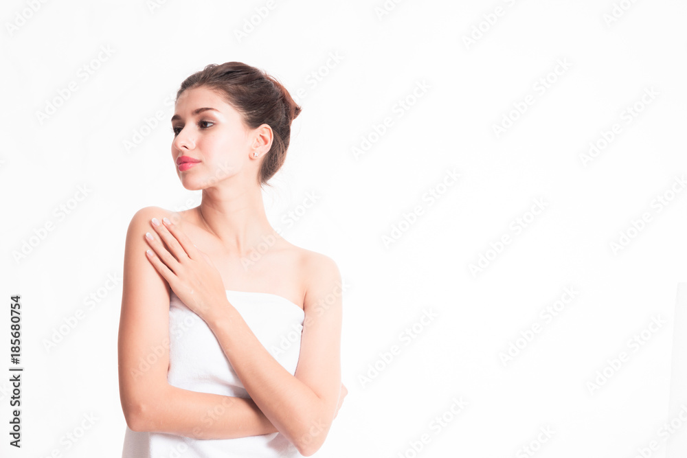 Woman with towel spa bath. Beautiful white woman wrapped in white towel isolated in white. Beauty spa concept. Woman with towel spa bath. Beautiful white woman wrapped in white towel isolated in white. Beauty spa concept.